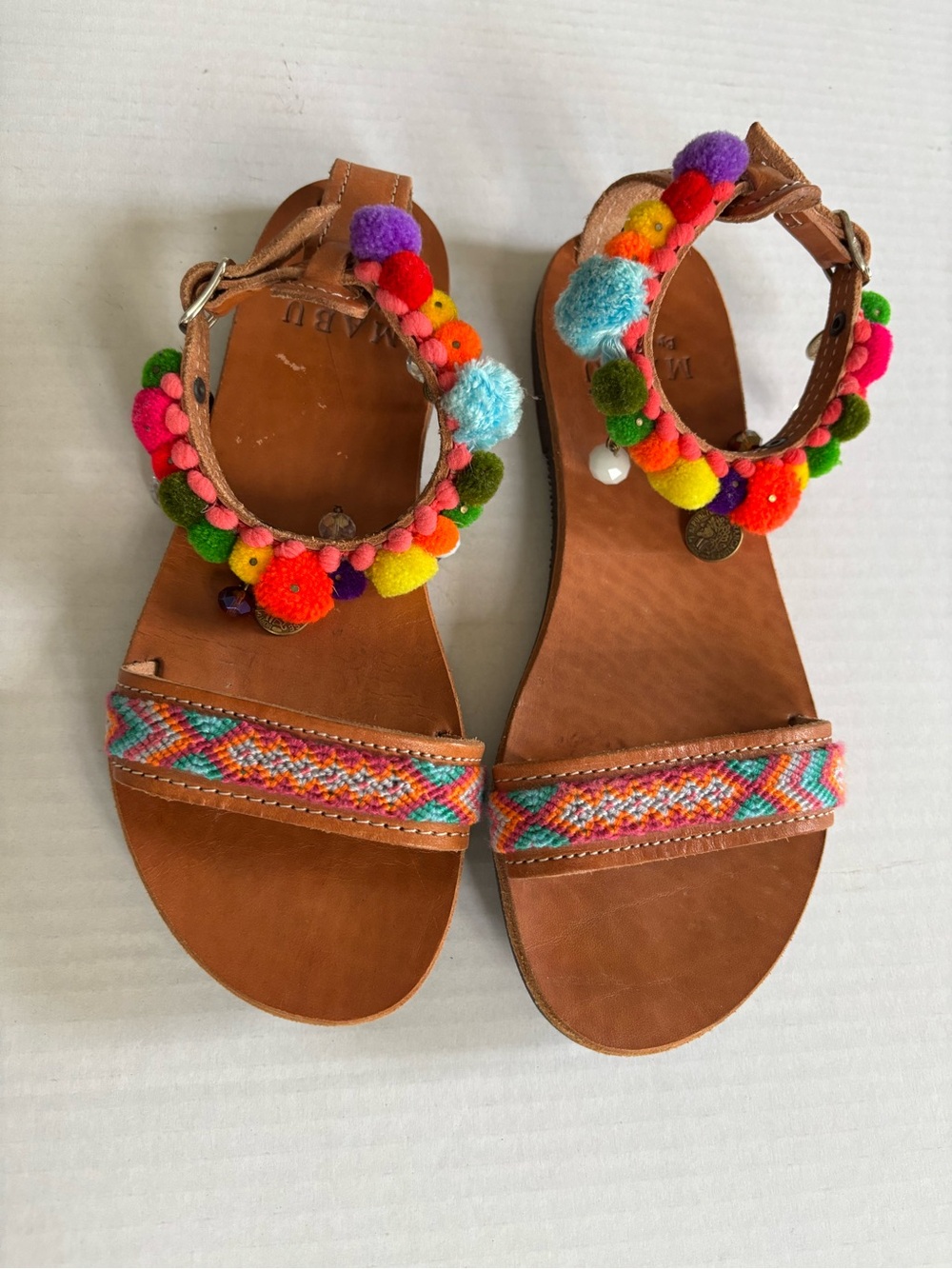 Mabu by Maria BK Leather Sandals Pom Pom Trim Colourful Tropical Sz. 36 Summer